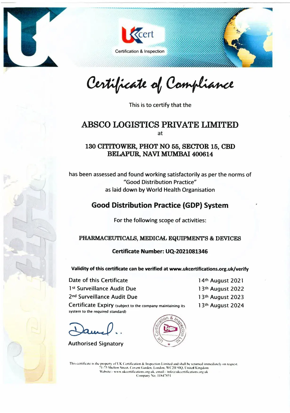 Certificate of Compliance - Good Distribution Practice