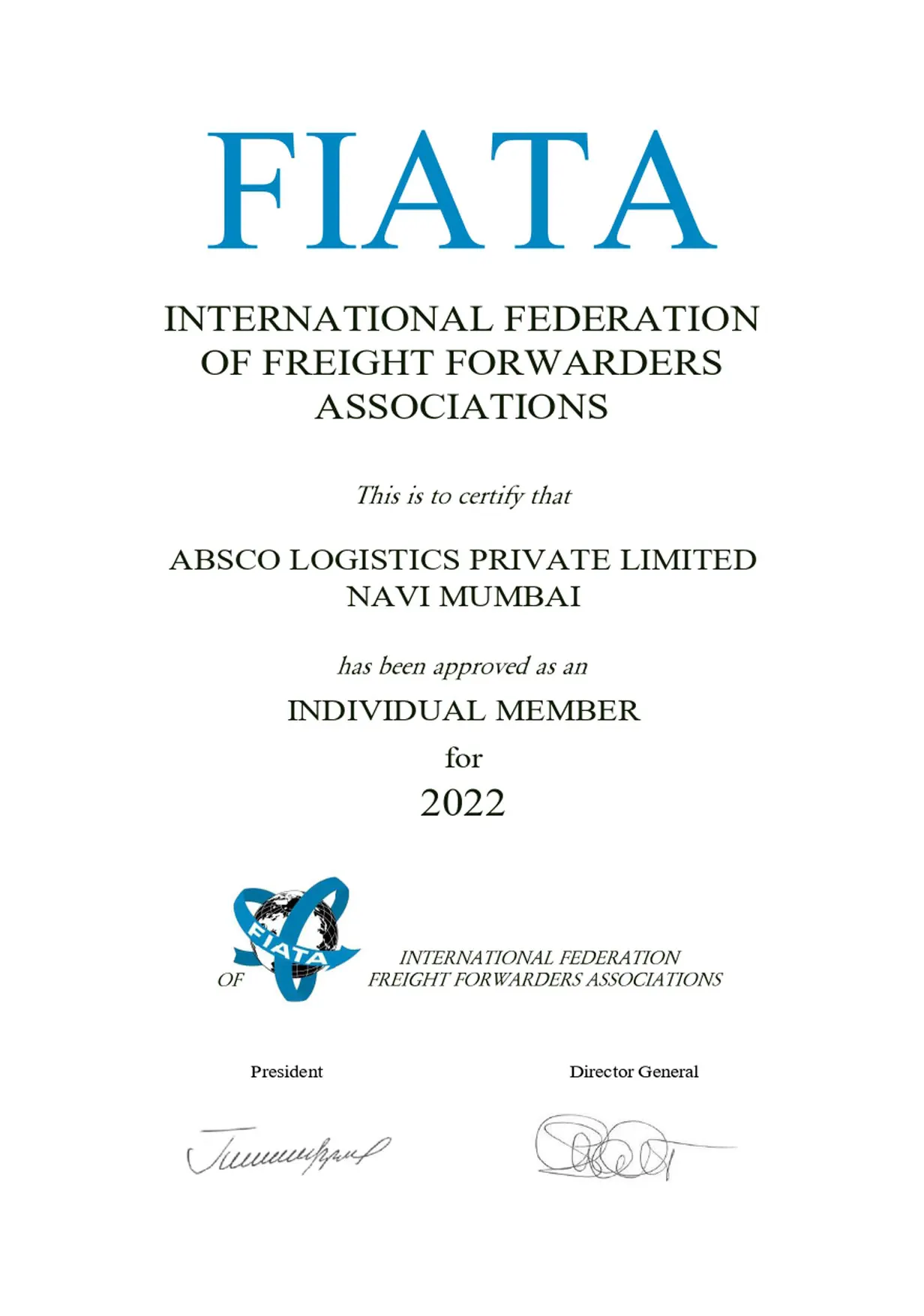 FIATA Individual Member Certificate