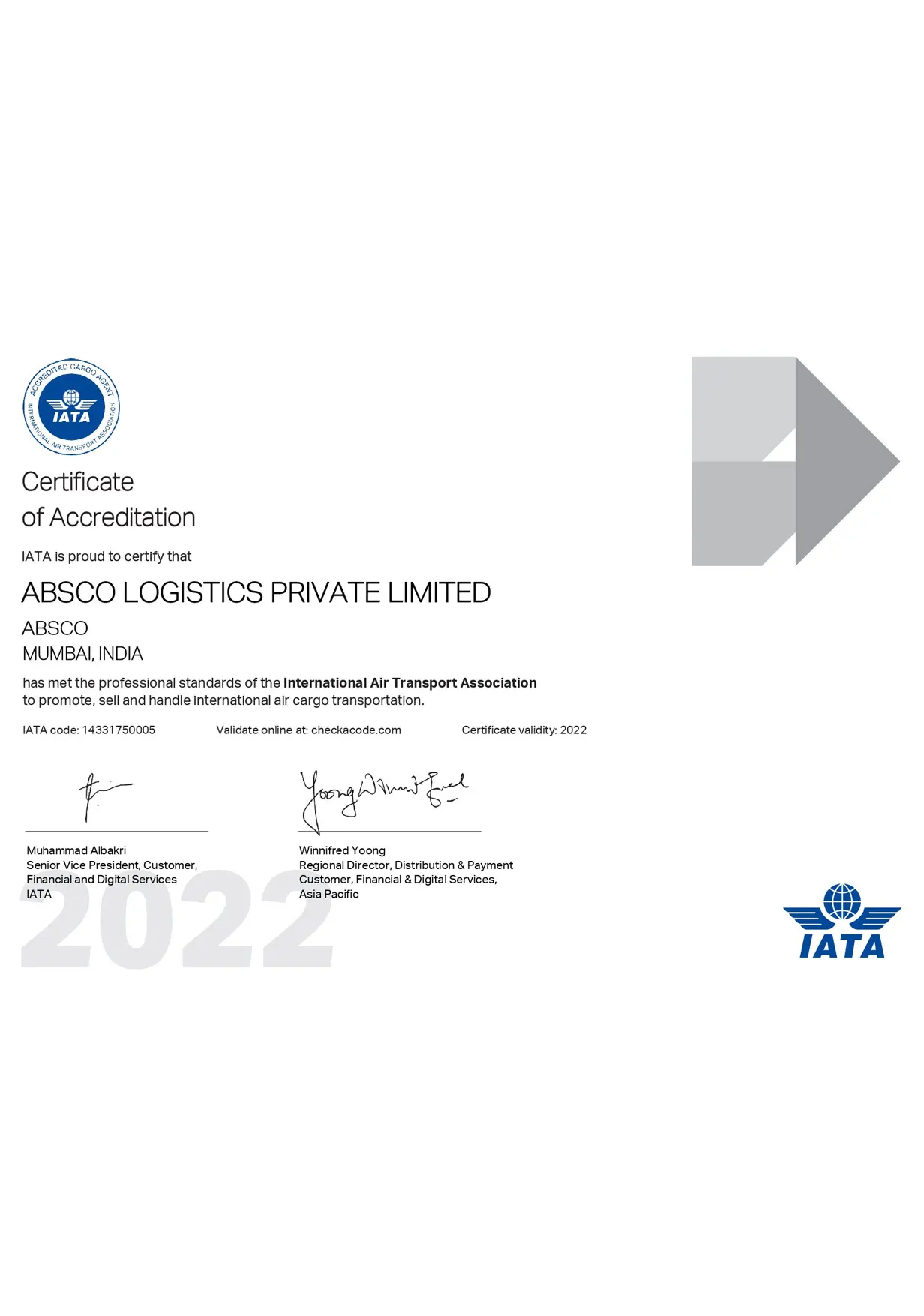 IATA Certificate of Accreditation